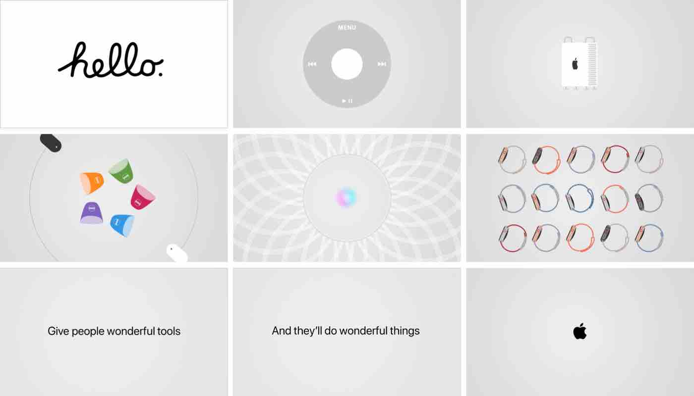 stills from an apple animation showing various apple products. the end of the video shows the text "give people wonderful tools, and they will do wonderful things"